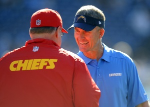 Dec 29, 2013; San Diego, CA; San Diego Chargers head coach Mike McCoy (r) talks with Kansas City Chiefs head coach Andy Reid (l) prior to the 2013 regular season finale at Qualcomm Stadium. Credit: Christopher Hanewinckel-USA TODAY Sports