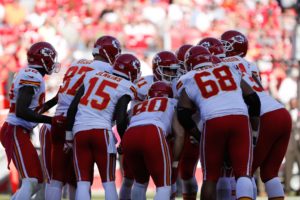 Oct 5, 2014; Santa Clara, CA; Chiefs offense in the huddle during Week 5’s game against the San Francisco 49ers at Levi's Stadium. Credit: Kelley L Cox-USA TODAY Sports