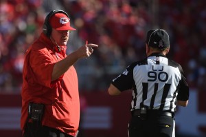 Oct. 5, 2014; Santa Clara, CA; Chiefs coach Andy Reid (left) has a discussion with line judge Mike Spanier (90) during the fourth quarter against the San Francisco 49ers at Levi's Stadium. Credit: Kyle Terada-USA TODAY Sports