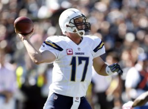 Oct 12, 2014; Oakland, CA; Chargers quarterback Philip Rivers (17) during the first quarter against the Oakland Raiders at O.co Coliseum. Credit: Bob Stanton-USA TODAY Sports