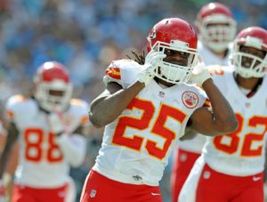 Oct 19, 2014; San Diego, CA; Chiefs running back Jamaal Charles (25) reacts after scoring a touchdown against the San Diego Chargers at Qualcomm Stadium. Credit: Jake Roth-USA TODAY Sports