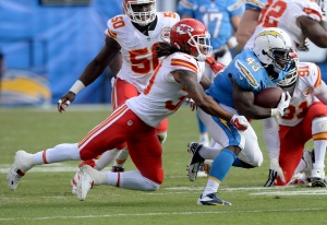 Oct 19, 2014; San Diego, CA, USA; Chiefs cornerback Jamell Fleming (30) tackles Chargers running back Branden Oliver (43) at Qualcomm Stadium. Credit: Jayne Kamin-Oncea-USA TODAY Sports