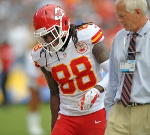 Oct 19, 2014; San Diego, CA; Chiefs wide receiver Junior Hemingway (88) grimaces as he walks off the field during the second quarter at Qualcomm Stadium. Credit: Jake Roth-USA TODAY Sports