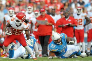 Oct 19, 2014; San Diego, CA; Chiefs coach Andy Reid watches from the sidelines as running back Jamaal Charles (25) cuts upfield at Qualcomm Stadium. Credit: Jake Roth-USA TODAY Sports