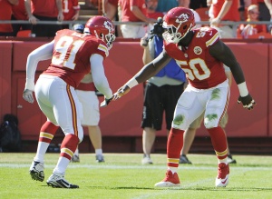 Oct 26, 2014; Kansas City, MO; Chiefs outside linebackers Justin Houston (50) and Tamba Hali (91) celebrate after a sack against the St. Louis Rams at Arrowhead Stadium. Credit: John Rieger-USA TODAY Sports