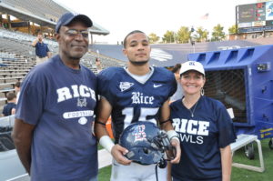November 2012; Houston, Texas; Then-Rice cornerback Phillip Gaines with his father, Bill Gaines, and mother, Susan McFarland, after the game on Military Appreciation Day. Credit: Jeanna Gaines