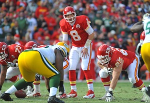 Dec. 18, 2011; Kansas City, MO; Then-Chiefs quarterback Kyle Orton (8) against the Green Bay Packers at Arrowhead Stadium. Credit: Denny Medley-USA TODAY Sports
