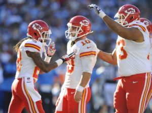 Dec 29, 2013; San Diego, CA, USA; Then-Chiefs wide receiver Dexter McCluster (22) celebrates with quarterback Chase Daniel (10) after a touchdown against the Chargers at Qualcomm Stadium. Credit: Christopher Hanewinckel-USA TODAY Sports