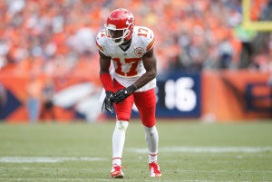 Sep 14, 2014; Denver, CO; Chiefs wide receiver Donnie Avery (17) lines up against the Denver Broncos at Sports Authority Field at Mile High. Credit: Chris Humphreys-USA TODAY Sports