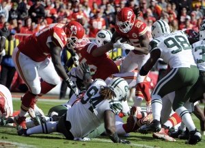 Nov 2, 2014; Kansas City, MO; Chiefs running back Jamaal Charles (25) caps off a 12-play, 81-yard drive that consumed 6:22 off the clock with a touchdown against the New York Jets at Arrowhead Stadium. Credit: John Rieger-USA TODAY Sports