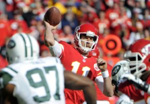 Nov 2, 2014; Kansas City, MO; Chiefs quarterback Alex Smith (11) throws a pass against the New York Jets in the first half at Arrowhead Stadium. Credit: John Rieger-USA TODAY Sports