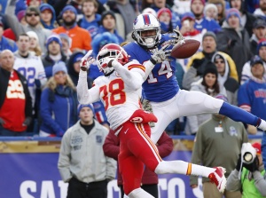 Nov 9, 2014; Orchard Park, NY; Chiefs defensive back Ron Parker (38) breaks up a pass intended for Bills wide receiver Sammy Watkins (14) during the second half at Ralph Wilson Stadium. Credit: Kevin Hoffman-USA TODAY Sports