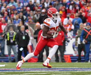 Nov 9, 2014; Orchard Park, NY; Chiefs RB Jamaal Charles (25) at Ralph Wilson Stadium. Credit: Timothy T. Ludwig-USA TODAY Sports
