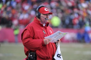 Nov 16, 2014; Kansas City, MO; Chiefs coach Andy Reid on the sidelines against the Seattle Seahawks at Arrowhead Stadium. Credit: John Rieger-USA TODAY Sports