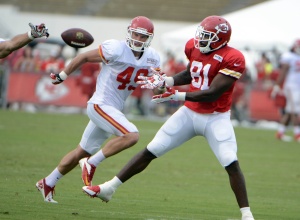 Jul 26, 2014; St. Joseph, MO; Tight end Richard Gordon (81) defended by safety Daniel Sorensen (49) during Chiefs training camp. Credit: John Rieger-USA TODAY Sports