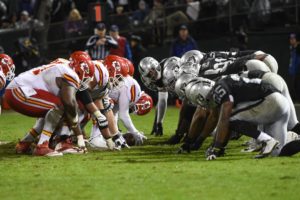 Nov 20, 2014; Oakland, CA; General view of the line of scrimmage between the Raiders and Chiefs during the fourth quarter at O.co Coliseum. Credit: Kyle Terada-USA TODAY Sports