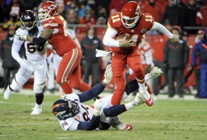 Nov 30, 2014; Kansas City, MO; Broncos defensive end DeMarcus Ware (94) sacks Chiefs quarterback Alex Smith (11) in the second half at Arrowhead Stadium. Credit: John Rieger-USA TODAY Sports