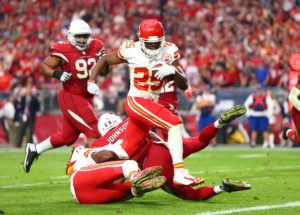 Dec 7, 2014; Glendale, AZ; Chiefs running back Jamaal Charles (25) scores a touchdown in the second quarter against the Arizona Cardinals at University of Phoenix Stadium. Credit: Mark J. Rebilas-USA TODAY Sports