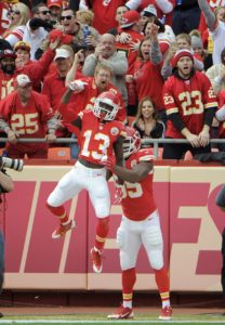 Dec 14, 2014; Kansas City, MO; Chiefs running back De'Anthony Thomas (13) reacts after scoring a touchdown on a punt return against the Oakland Raiders in the first half at Arrowhead Stadium. Credit: John Rieger-USA TODAY Sports
