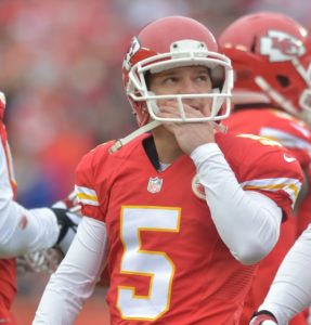 Dec 14, 2014; Kansas City, MO; Chiefs kicker Cairo Santos (5) reacts after missing a field goal during the second half against the Oakland Raiders at Arrowhead Stadium. Credit: Denny Medley-USA TODAY Sports