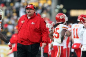 Dec 21, 2014; Pittsburgh, PA; Chiefs head coach Andy Reid looks to the scoreboard against the Pittsburgh Steelers during the second half at Heinz Field. Credit: Jason Bridge-USA TODAY Sports