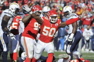 Dec 28, 2014; Kansas City, MO; Chiefs outside linebacker Justin Houston (50) celebrates after a sack against the hargers in the first half at Arrowhead Stadium. Credit: John Rieger-USA TODAY Sports