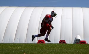 Jun 10, 2014; Tempe, AZ; Then-Cardinals linebacker JoJo Dickson runs drills during minicamp at the team's training facility. Credit: Mark J. Rebilas-USA TODAY Sports