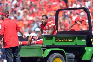 Sep 7, 2014; Kansas City, MO; Chiefs inside linebacker Derrick Johnson (56) waits to be taken off the field during the first half against the Tennessee Titans at Arrowhead Stadium. Credit: Denny Medley-USA TODAY Sports