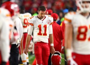 Dec 7, 2014; Glendale, AZ; Chiefs quarterback Alex Smith (11) on the sidelines in the final seconds of the fourth quarter against the Arizona Cardinals at University of Phoenix Stadium. Credit: Mark J. Rebilas-USA TODAY Sports