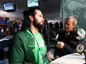 Feb 20, 2015; Indianapolis; Kansas linebacker Ben Heeney talks to the media at the 2015 NFL Scouting Combine at Lucas Oil Stadium. Credit: Teope
