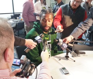 Feb 20, 2015; Indianapolis; Georgia linebacker Ramik Wilson talks to the media at the NFL Scouting Combine at Lucas Oil Stadium. Credit: Teope