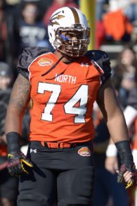 Jan 24, 2015; Mobile, AL; North squad offensive tackle Jamil Douglas of Arizona State (74) enters the field during player introductions before the Senior Bowl at Ladd-Peebles Stadium. Credit: Glenn Andrews-USA TODAY Sports