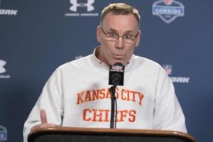 Feb 19, 2015; Indianapolis; Chiefs general manager John Dorsey speaks to the media at the NFL Combine at Lucas Oil Stadium. Credit: Trevor Ruszkowski-USA TODAY Sports