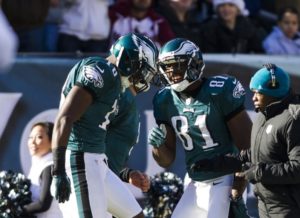 Dec 23, 2012; Philadelphia; Then-Eagles wide receiver Jeremy Maclin (18) celebrates a touchdown with wide receiver Jason Avant (81) against Washington at Lincoln Financial Field. Credit: Howard Smith-USA TODAY Sports