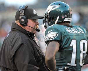 Dec 23, 2012; Philadelphia; Then-Eagles head coach Andy Reid talks with wide receiver Jeremy Maclin (18) on the sidelines at Lincoln Financial Field. Credit: Eric Hartline-USA TODAY Sports