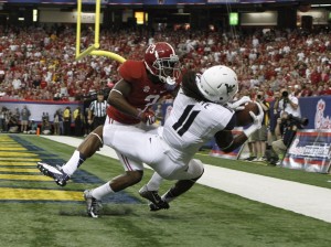 Aug 30, 2014; Atlanta; West Virginia Mountaineers wide receiver Kevin White (11) catches a touchdown pass against Alabama defensive back Bradley Sylve (3) at the Georgia Dome. Credit: Brett Davis-USA TODAY Sports