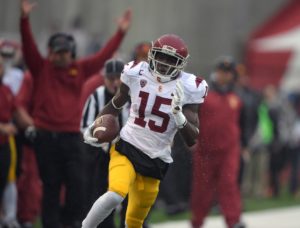 Nov 1, 2014; Pullman, WA; Southern California Trojans receiver Nelson Agholor (15) heads up field in the second quarter against the Washington State Cougars at Martin Stadium. Credit: Kirby Lee-USA TODAY Sports