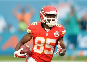 Sep 21, 2014; Miami Gardens, FL; Chiefs wide receiver Frankie Hammond (85) against the Miami Dolphins during the second half at Sun Life Stadium. Credit: Steve Mitchell-USA TODAY Sports