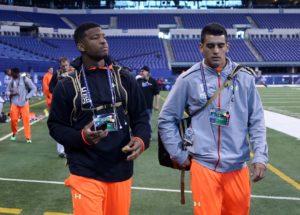 Feb 21, 2015; Indianapolis; Florida State quarterback Jameis Winston (left) and Oregon quarterback Marcus Mariota walk out together after finishing their workout during the 2015 NFL Combine at Lucas Oil Stadium. Credit: Brian Spurlock-USA TODAY Sports