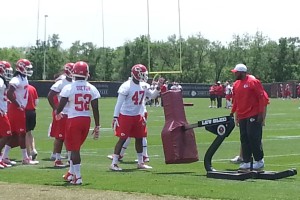 May 17, 2015; Kansas City, MO; Chiefs rookie linebacker Sage Harold (47) prepares for drills on Day Two of rookie minicamp. Credit: Teope