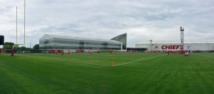 May 28, 2015; Kansas City, MO; General view of the Chiefs practice field as players warm-up before practice on Day Three of OTAs. Credit: Teope