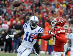 Dec 22, 2013; Kansas City, MO; Chiefs cornerback Sean Smith (27) defends against then-Colts wide receiver Da'Rick Rogers (16) in the first half at Arrowhead Stadium. Credit: John Rieger-USA TODAY Sports