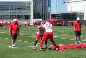 June 9, 2015; Kansas City, MO; Chiefs LB Derrick Johnson (56) during individual position drills with rookie LB D.J. Alexander (57) at the team's training complex. Credit: Teope