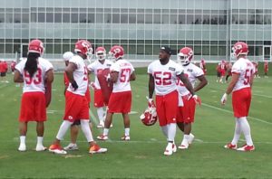 June 12, 2015; Kansas City, MO; Chiefs linebackers prepare for individual position drills on the final day of OTAs at the team's training facility. Credit: Teope