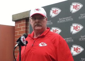June 12, 2015; Kansas City, MO; Chiefs head coach Andy Reid addresses the media after OTAs at the team's training facility. Credit: Teope