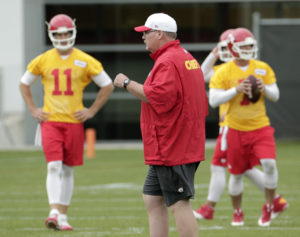 Kansas City Chiefs coach Andy Reid watches during an NFL football organized team activity, Thursday, May 28, 2015, in Kansas City, Mo. (AP Photo/Charlie Riedel)