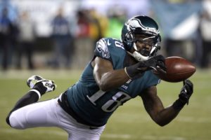FILE - In this Dec. 2014, file photo, Philadelphia Eagles' Jeremy Maclin pulls in a pass during the second half of an NFL football game against the Dallas Cowboys in Philadelphia. (AP Photo/Michael Perez, File)