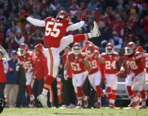 Kansas City Chiefs linebacker Dee Ford (55) celebrates after he sacked San Diego Chargers quarterback Philip Rivers (17) during the first half of an NFL football game in Kansas City, Mo., Sunday, Dec. 28, 2014. (AP Photo/Charlie Riedel)