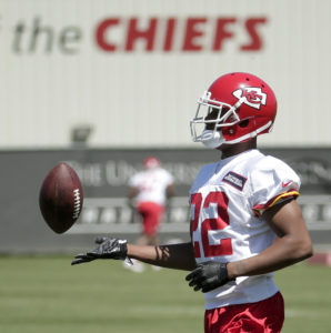 Kansas City Chiefs cornerback Marcus Peters catches a ball during an NFL football rookie minicamp Monday, May 18, 2015, in Kansas City, Mo. (AP Photo/Charlie Riedel)