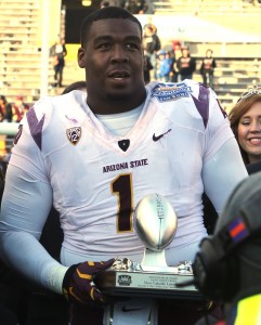 Arizona State's Marcus Hardison awas awarded the Most Valuable Lineman award after of the Sun Bowl NCAA college football game against Duke, Saturday, Dec. 27, 2014, in El Paso, Texas. (AP Photo/Victor Calzada)
